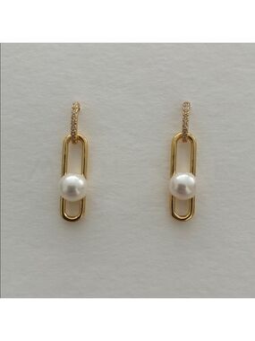 Real Pearl Paperclip Earrings|Gold Earrings|Real Pearl Earrings